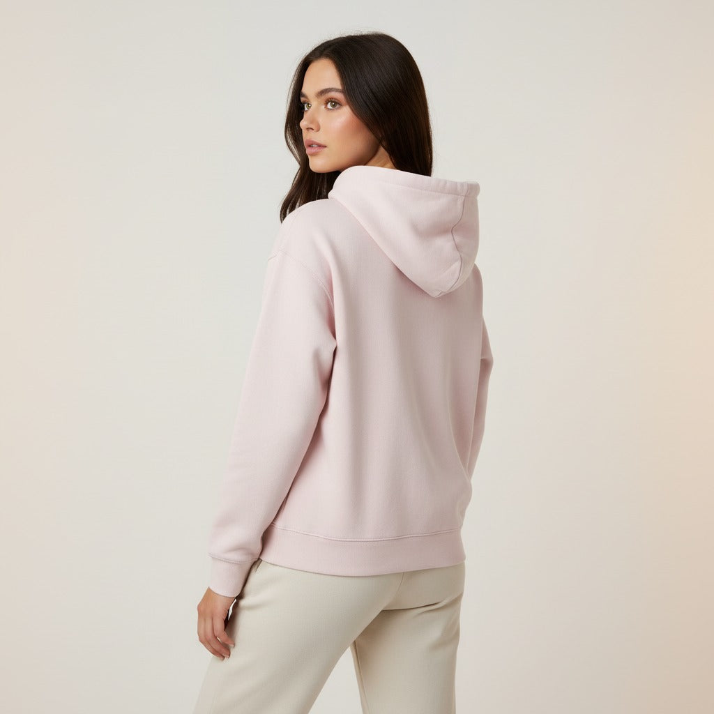 Women's premium heavyweight hoodie in lilac, back view.