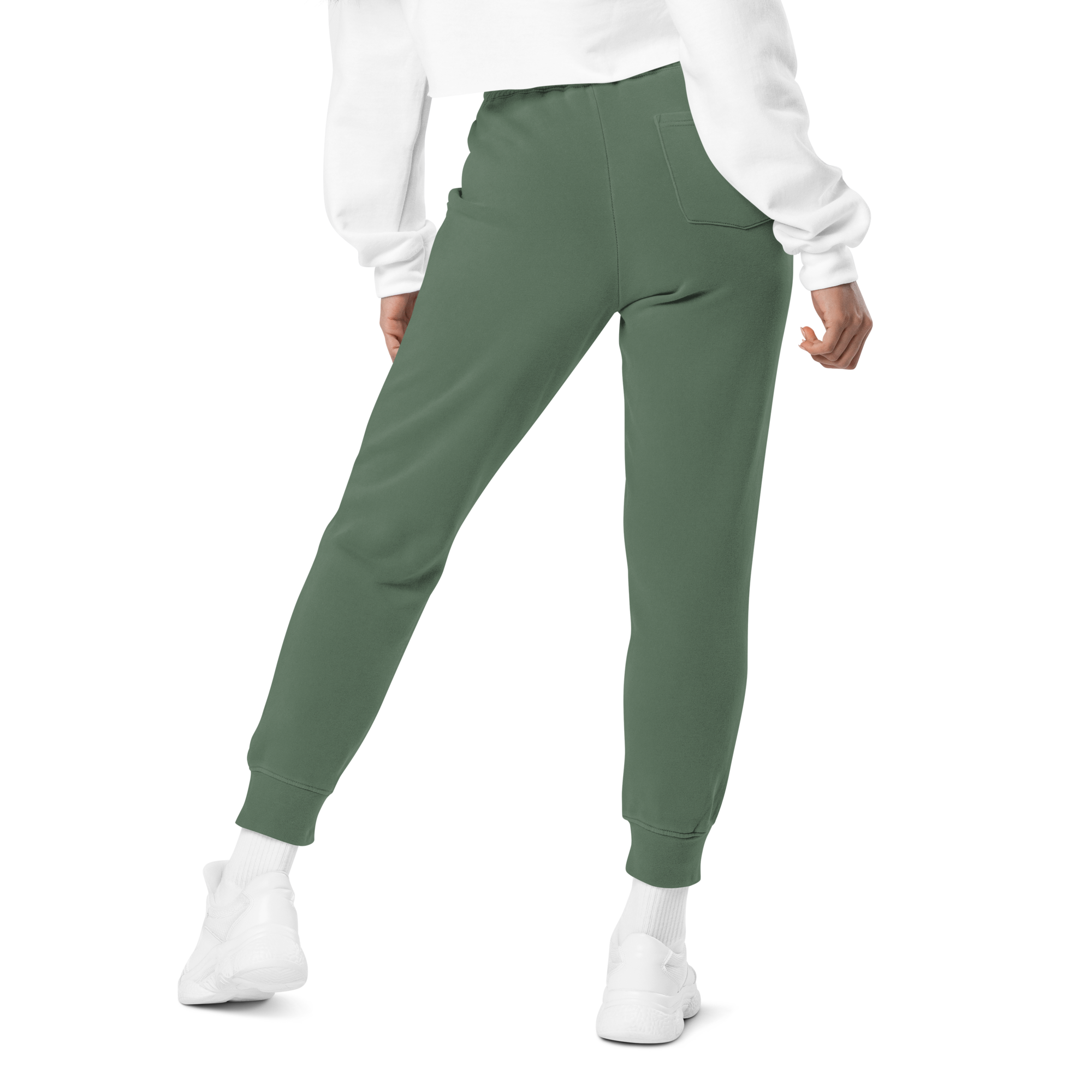 Women's essential relaxed sweatpants in green, back view.