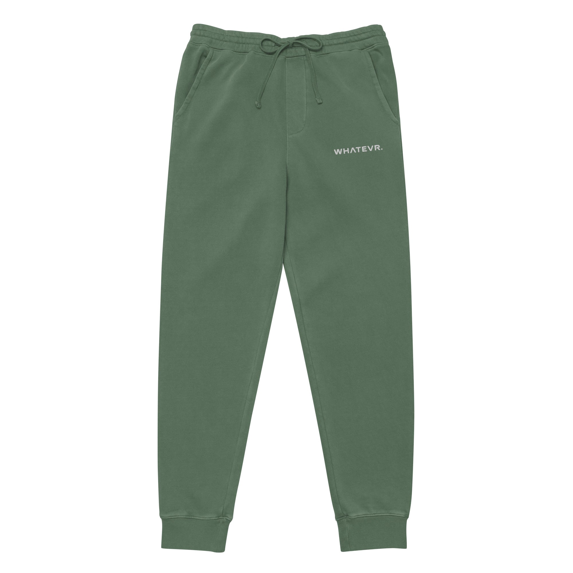 Women's essential relaxed sweatpants in green with embroidered detailing, front view.