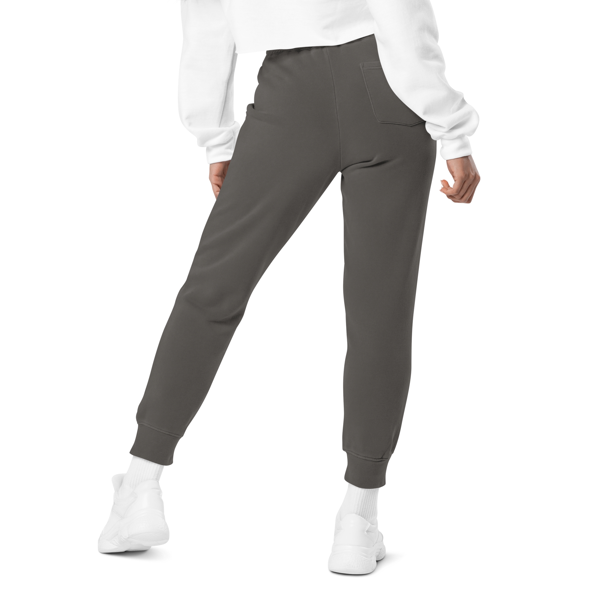 Women's essential relaxed sweatpants in graphite, back view.