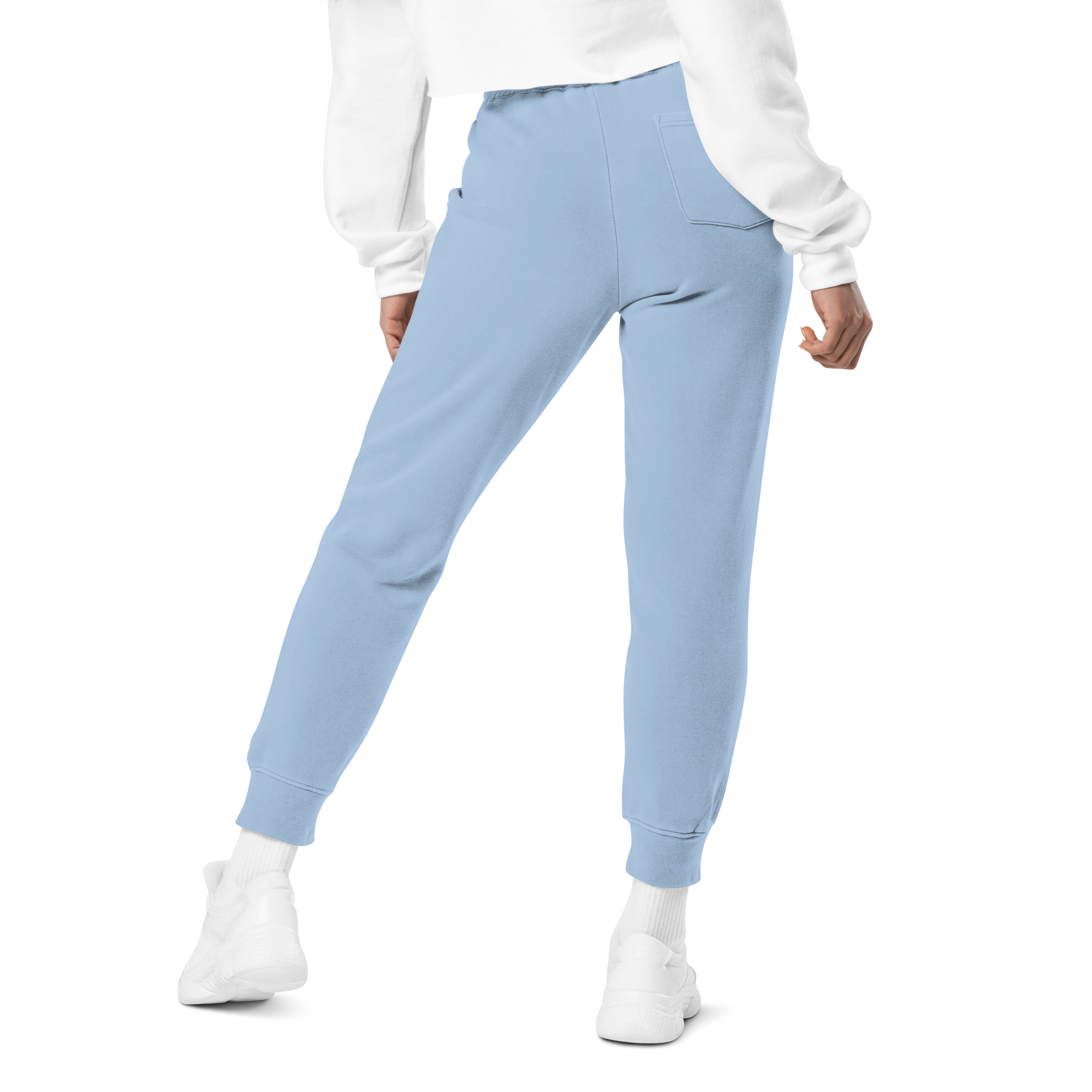 Women's essential relaxed sweatpants in light blue, back view.