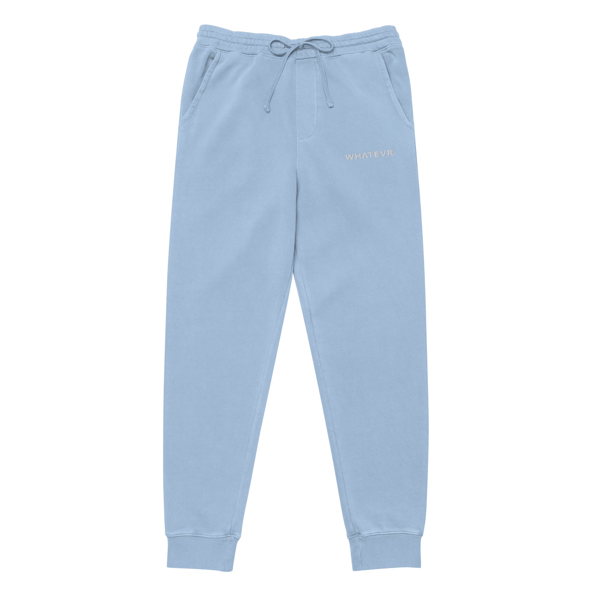 Women's essential relaxed sweatpants in light blue with embroidered detailing, front view.