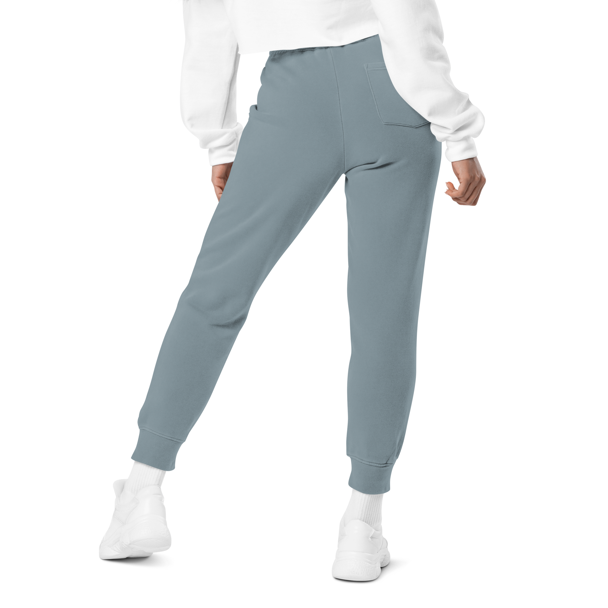 Women's essential relaxed sweatpants in light blue, back view.
