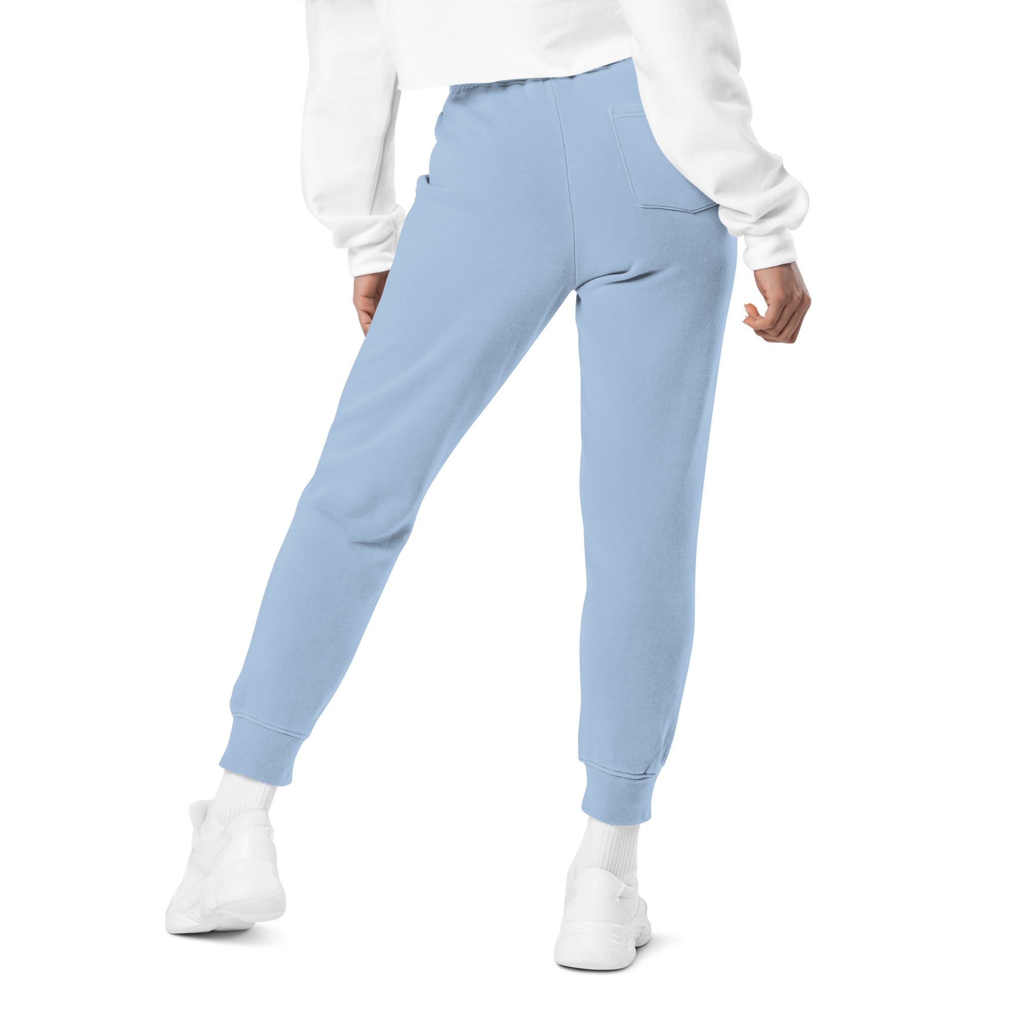 Women's essential relaxed sweatpants in light blue, back view.