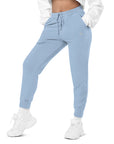 Women's essential relaxed sweatpants in light blue with embroidered detailing, front view.