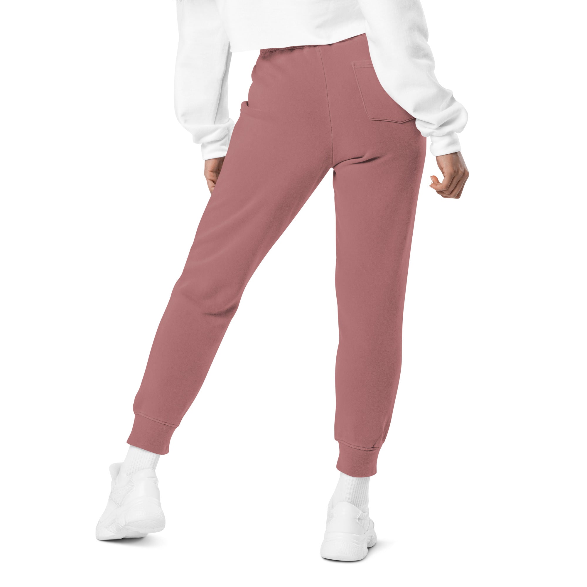 Women's essential relaxed sweatpants in maroon, back view.