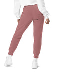 Women's essential relaxed sweatpants in maroon, back view.
