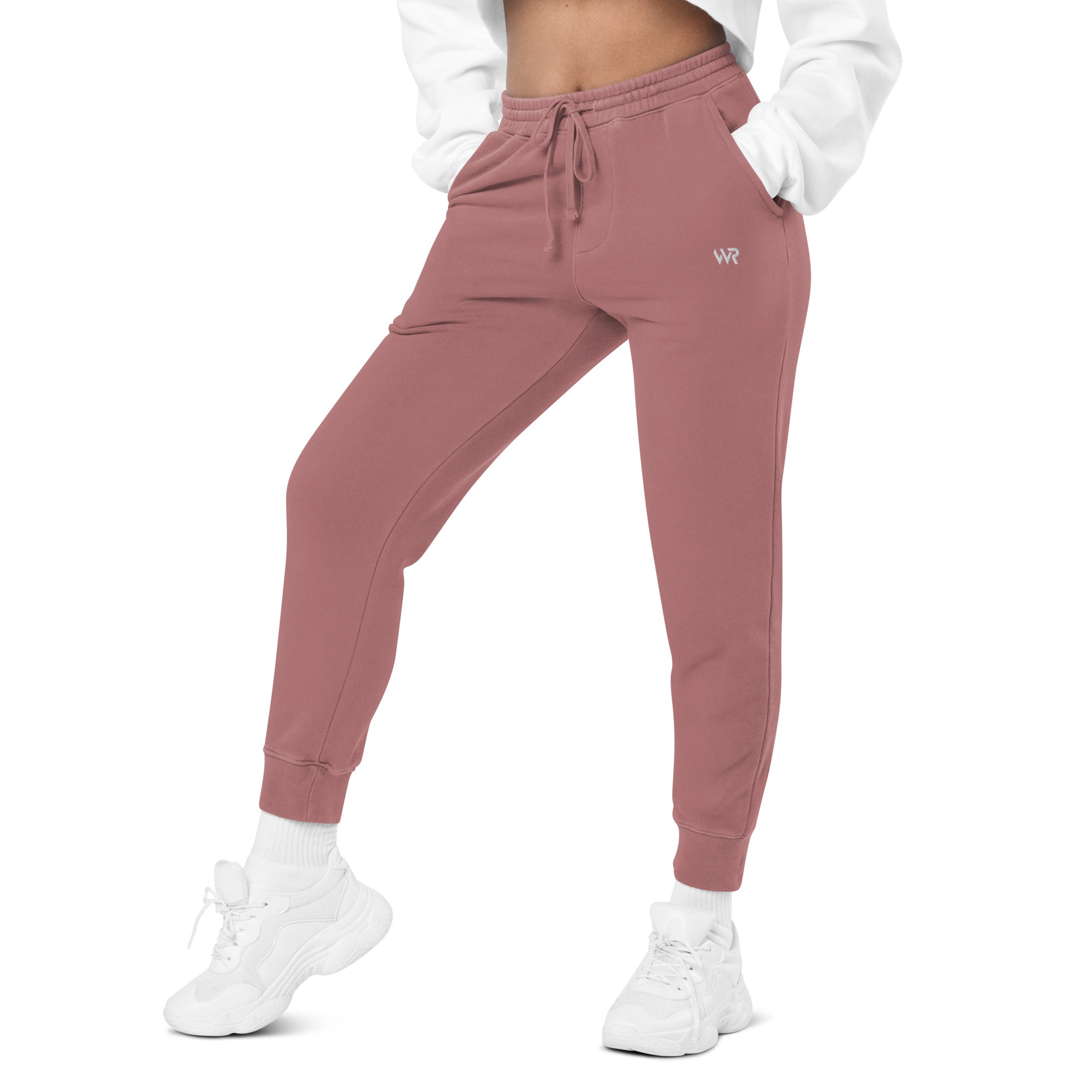 Women's essential relaxed sweatpants in maroon with embroidered detailing, front view.