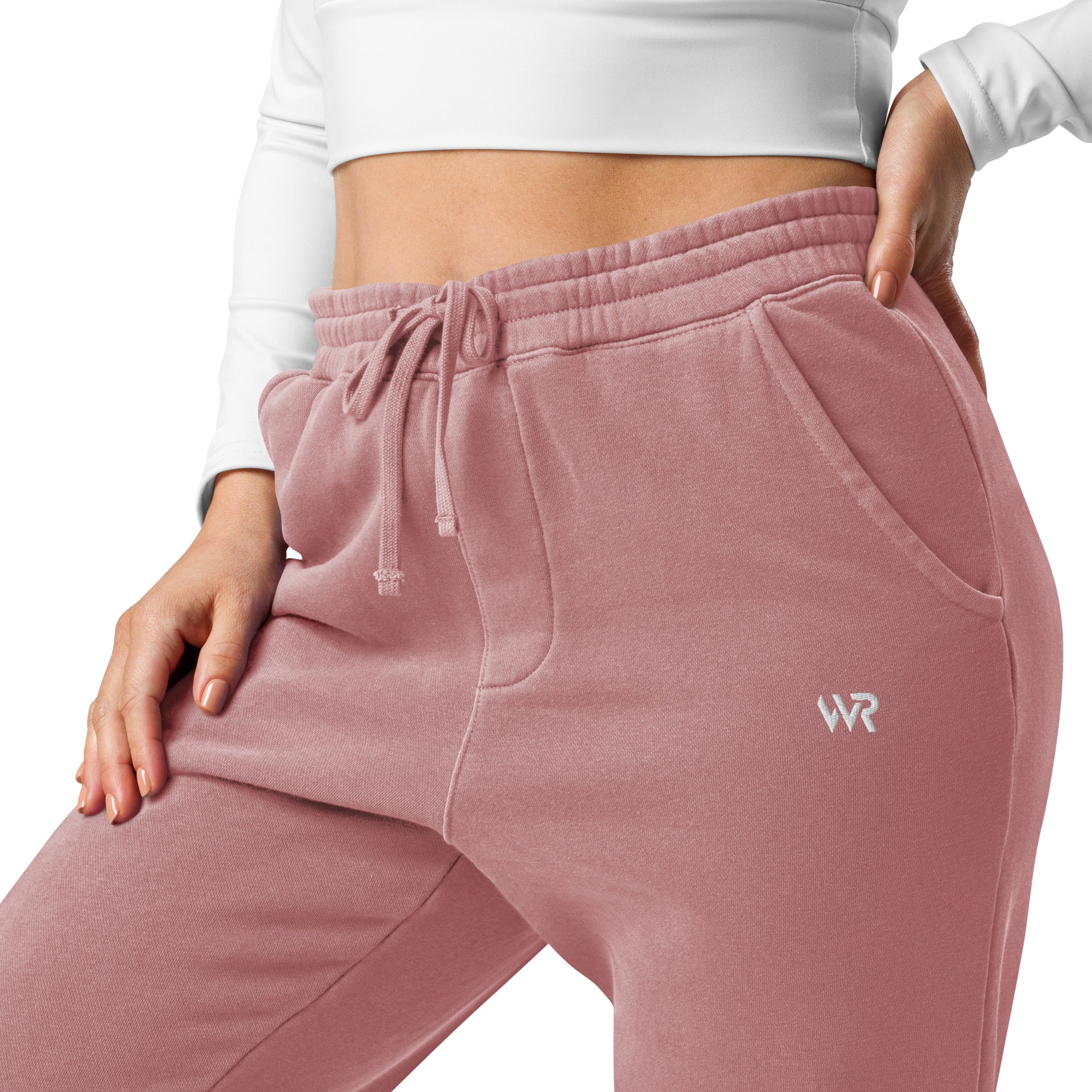Women's essential relaxed sweatpants in maroon with embroidered detailing, front view.