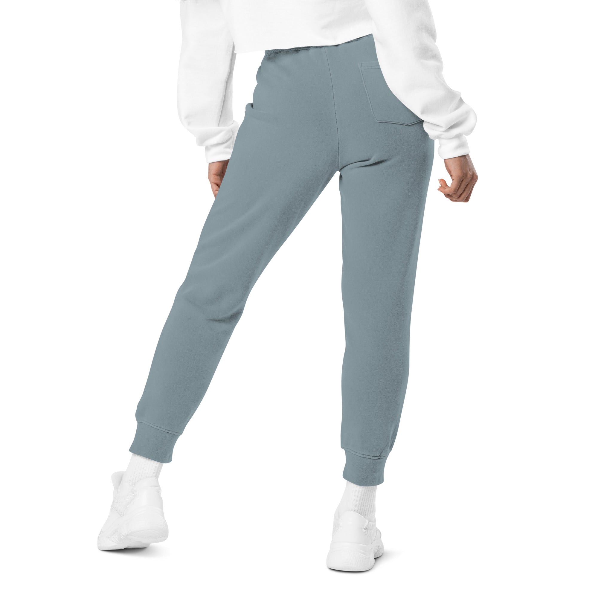Women's essential relaxed sweatpants in blue, back view.