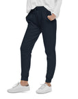 Women's essential slim fit sweatpants in dark blue, side view.