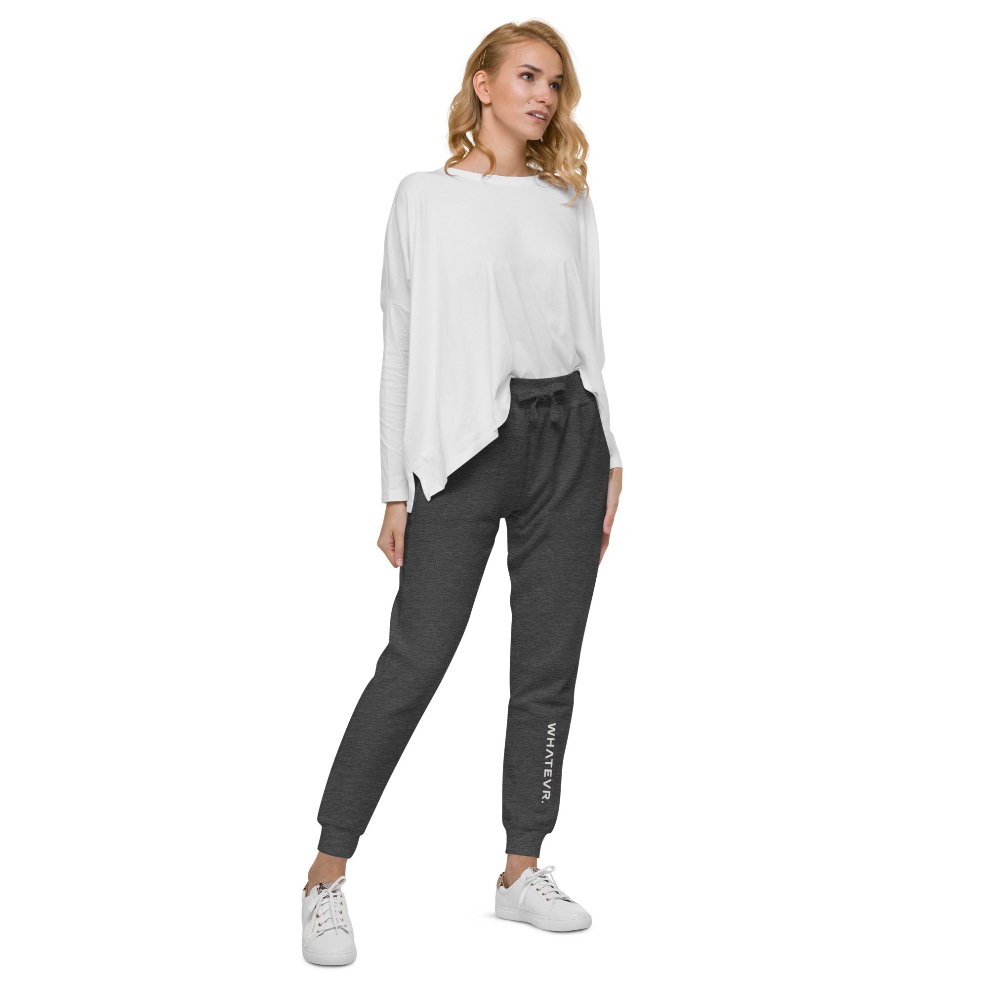 Women's essential slim fit sweatpants in dark grey, front view.