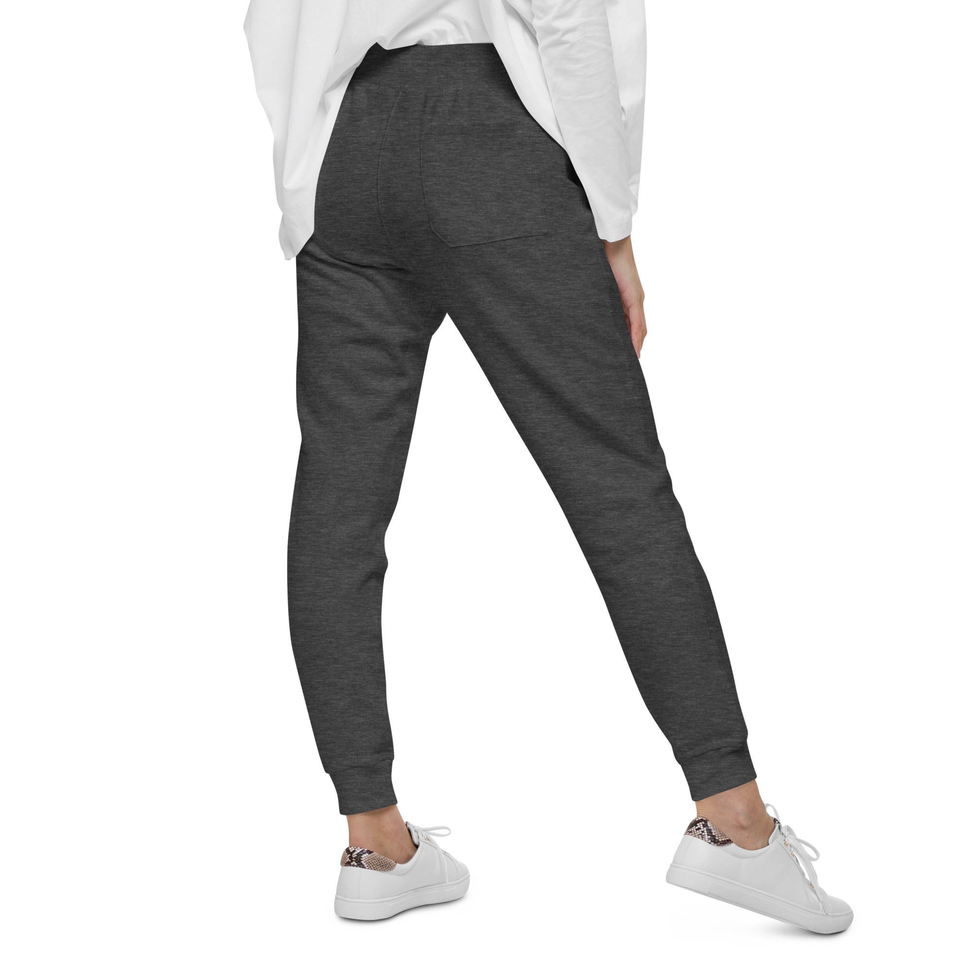 Women's essential slim fit sweatpants in dark grey, back view.