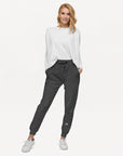 Women's essential slim fit sweatpants in dark grey, front view.