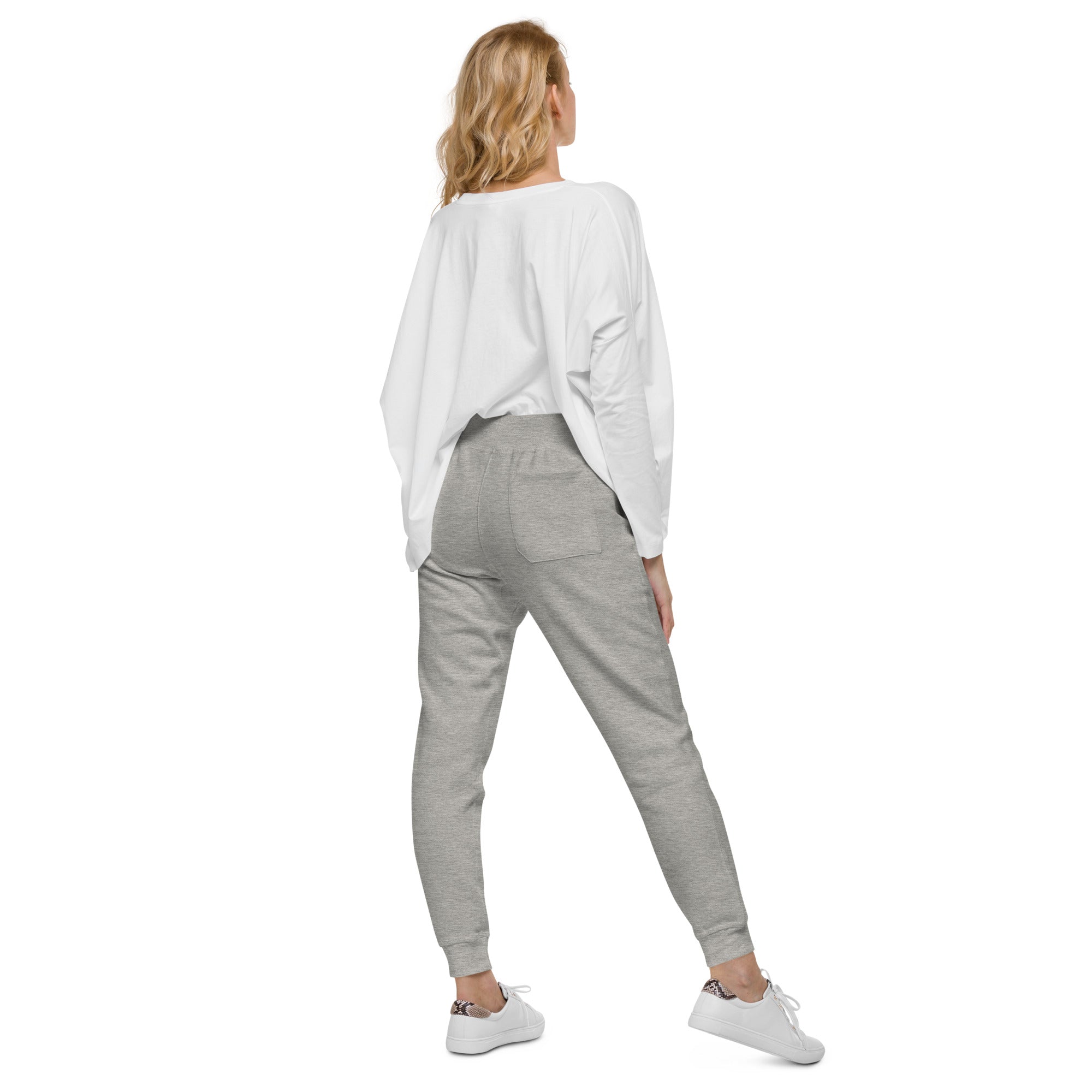 Women's essential slim fit sweatpants in grey, back view.