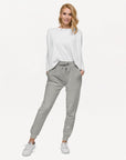 Women's essential slim fit sweatpants in grey, front view.