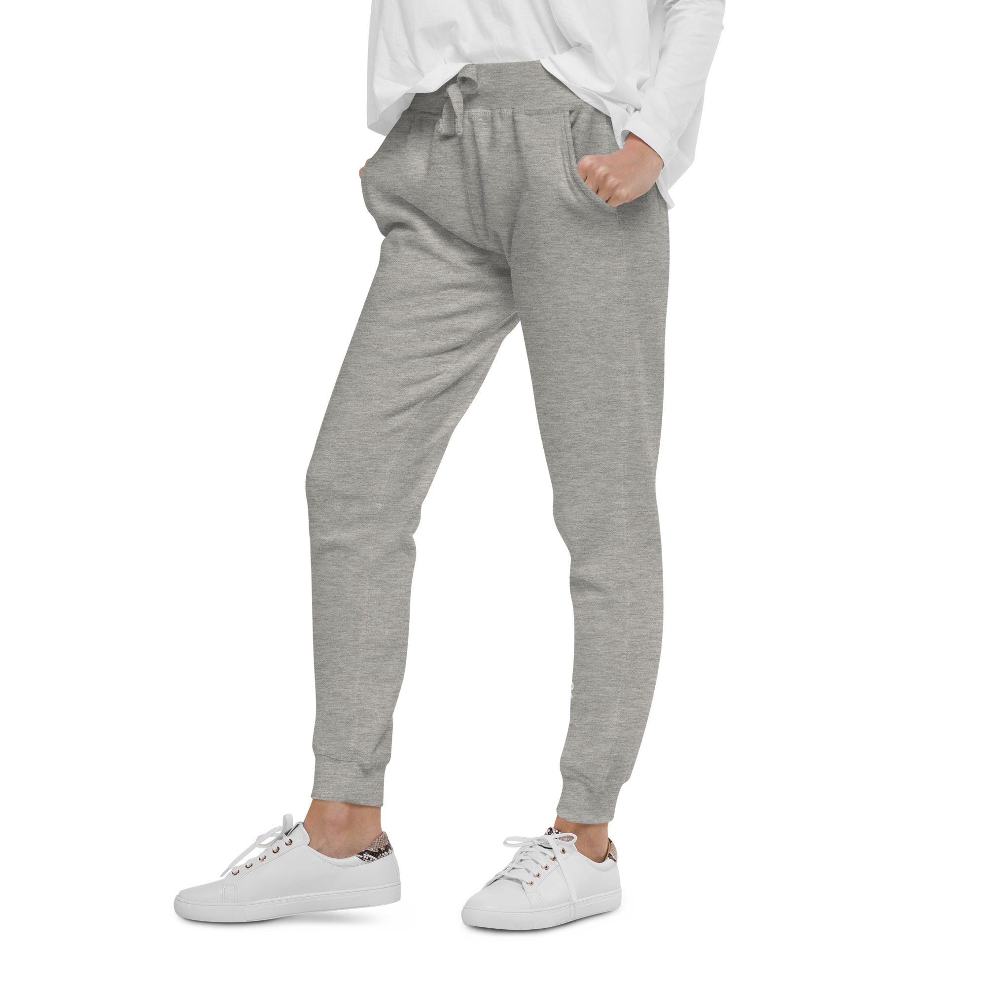 Women's essential slim fit sweatpants in grey, side view.