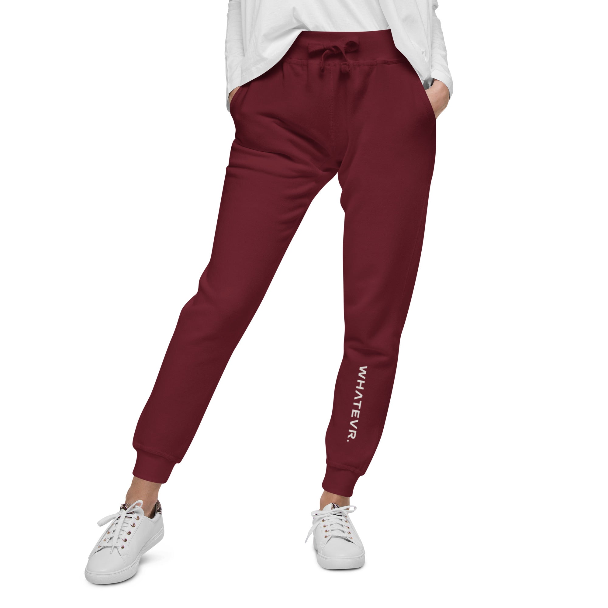Women's essential slim fit sweatpants in maroon, front view.