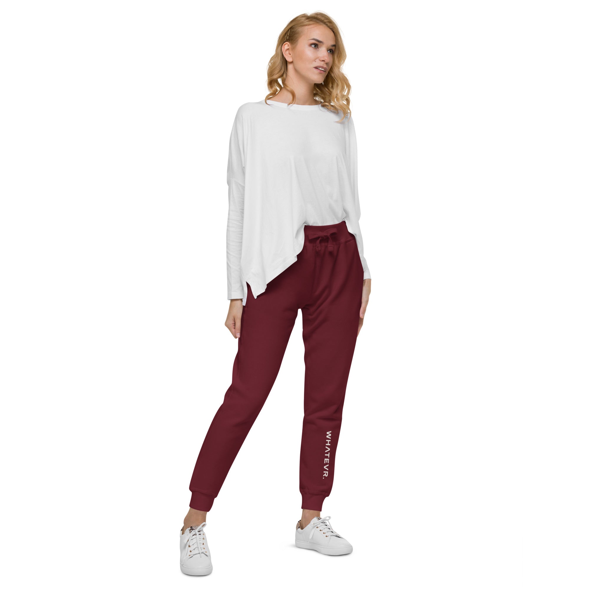 Women's essential slim fit sweatpants in maroon, front view.