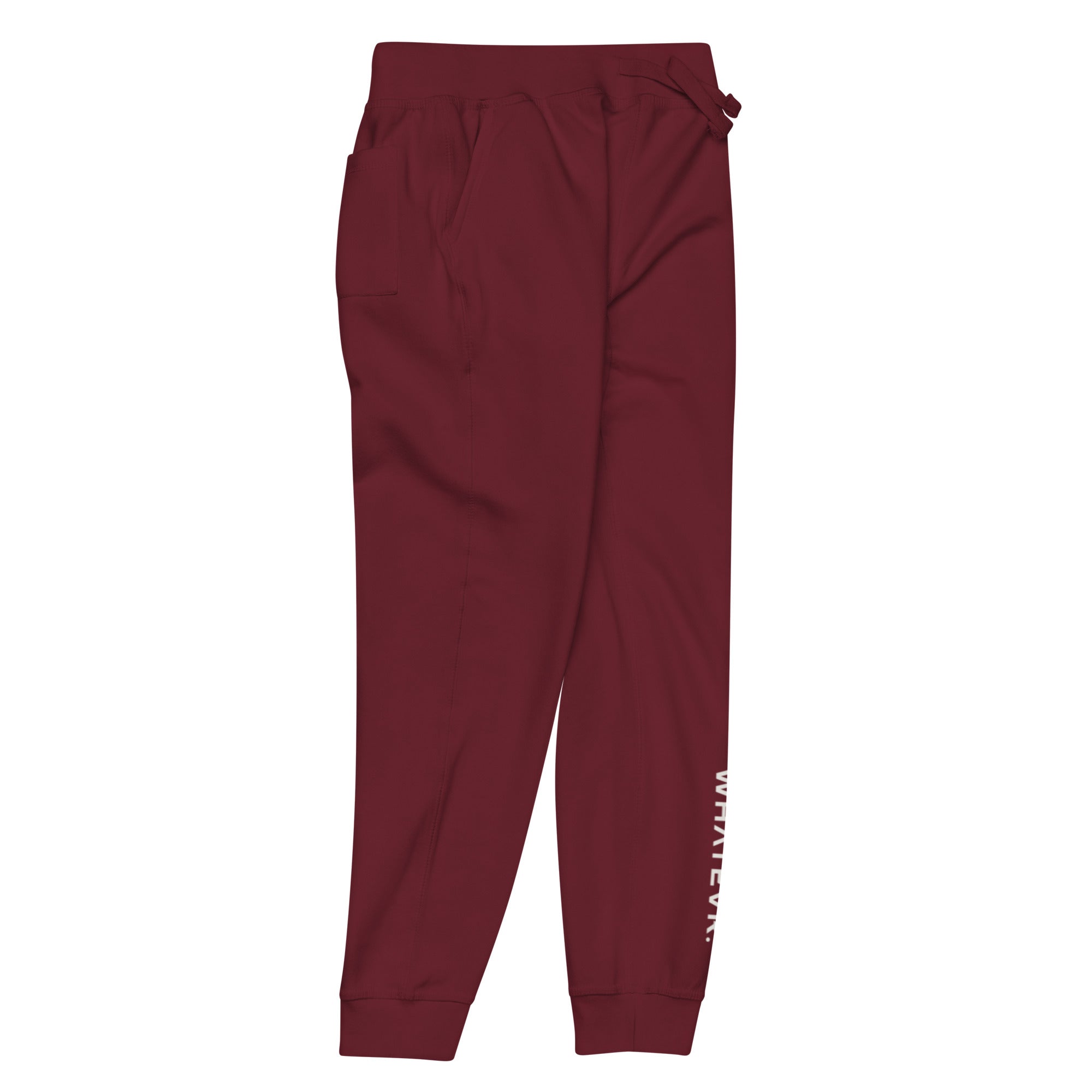 Women's essential slim fit sweatpants in maroon, side view.