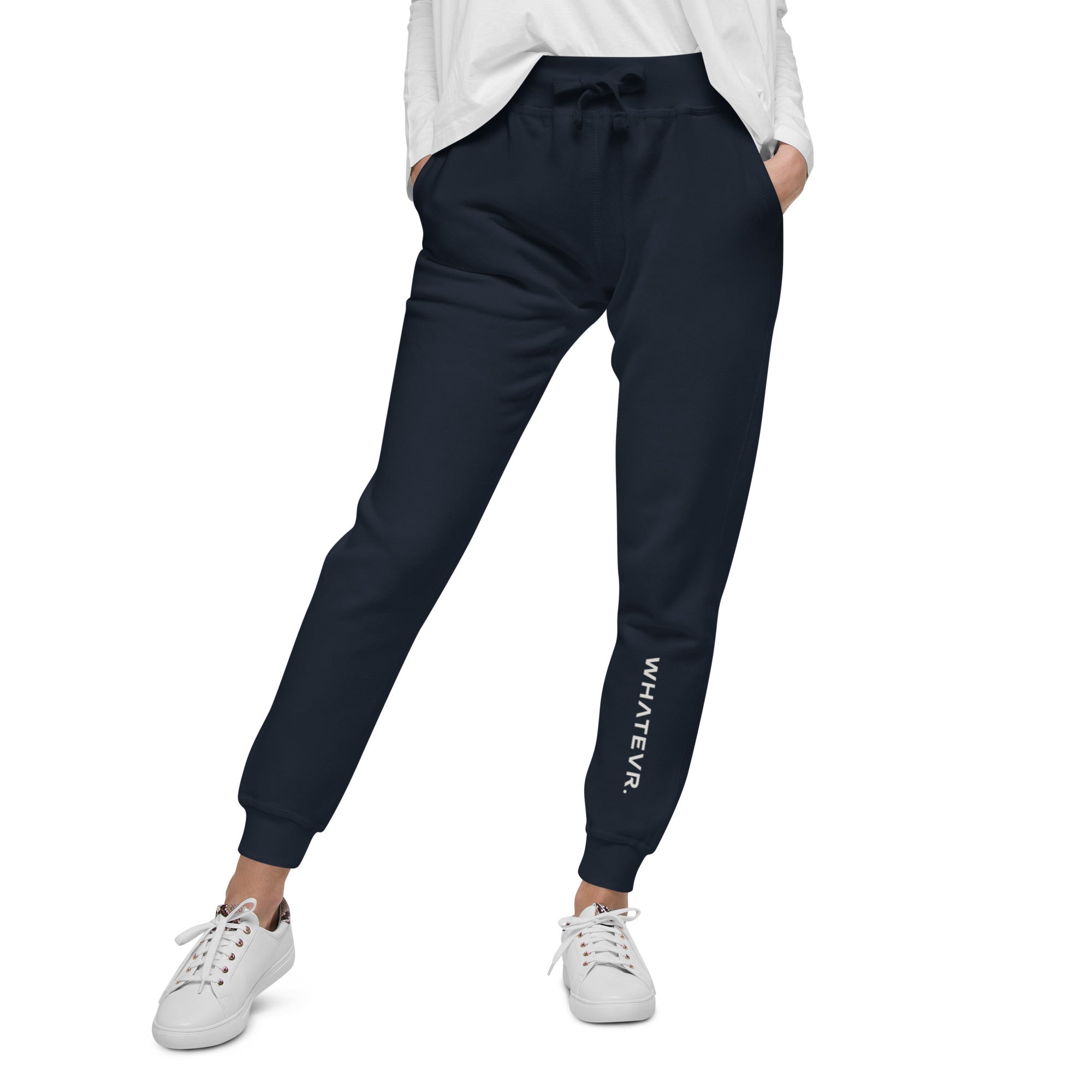 Women's essential slim fit sweatpants in dark blue, front view.