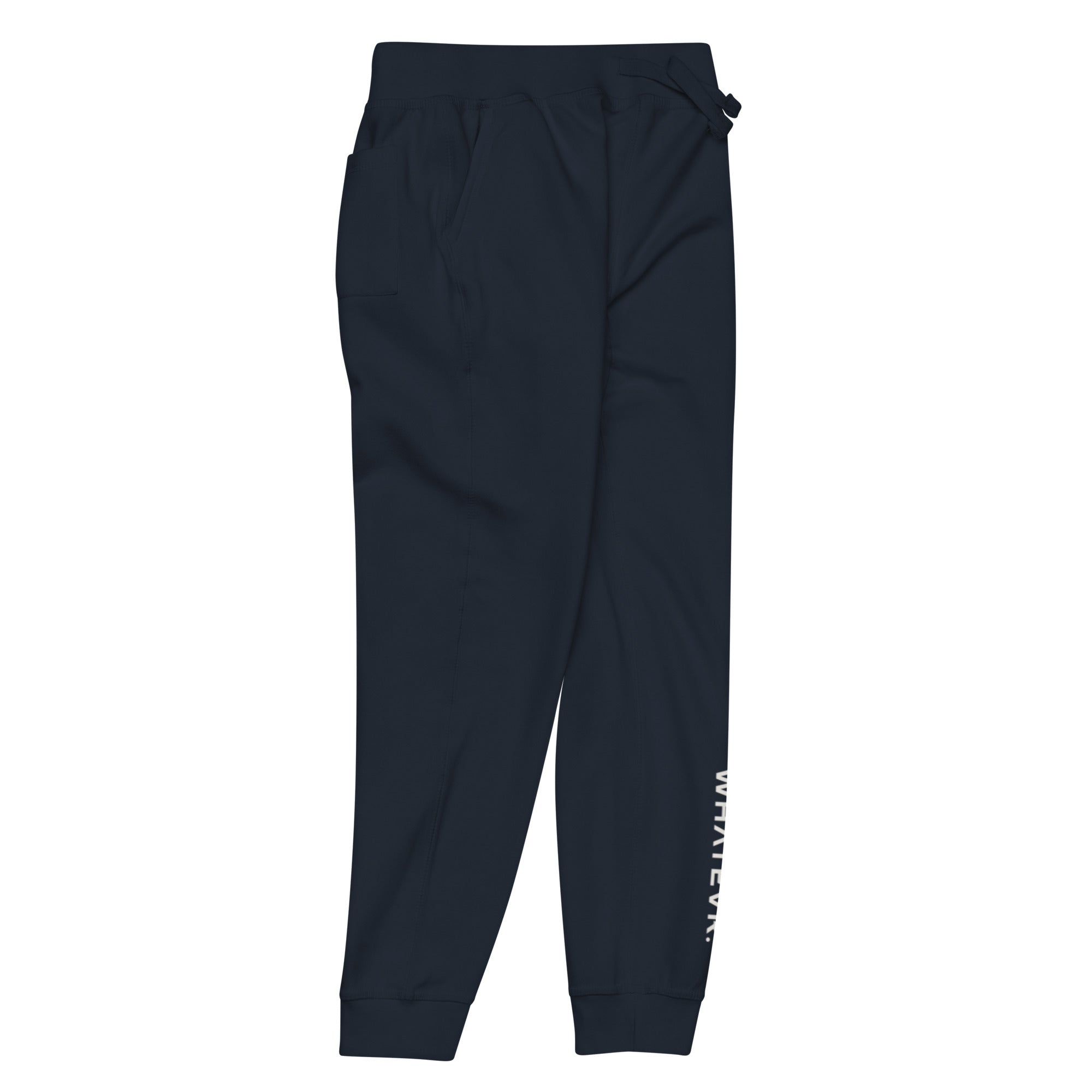 Women's essential slim fit sweatpants in dark blue, side view.