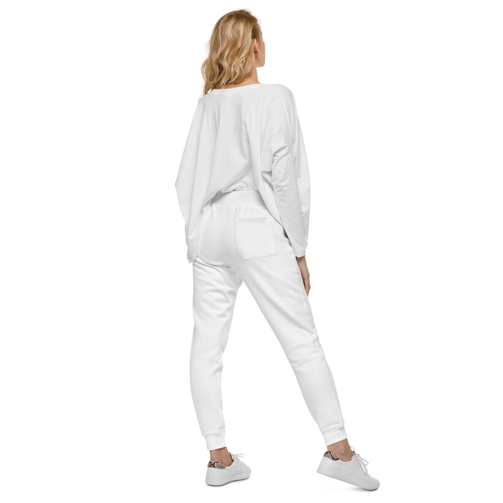 Women's essential slim fit sweatpants in white, back view.