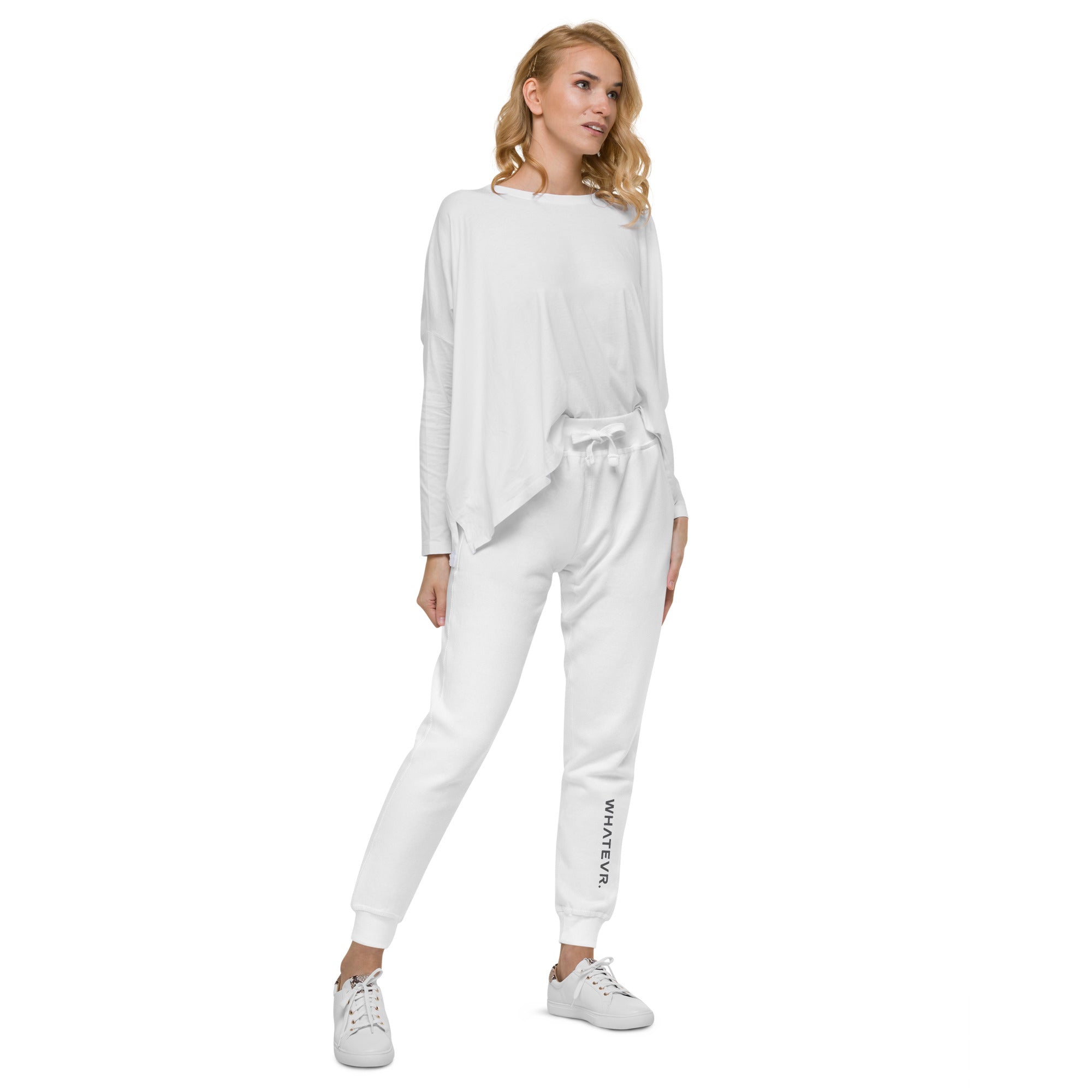 Women's essential slim fit sweatpants in white, front view.