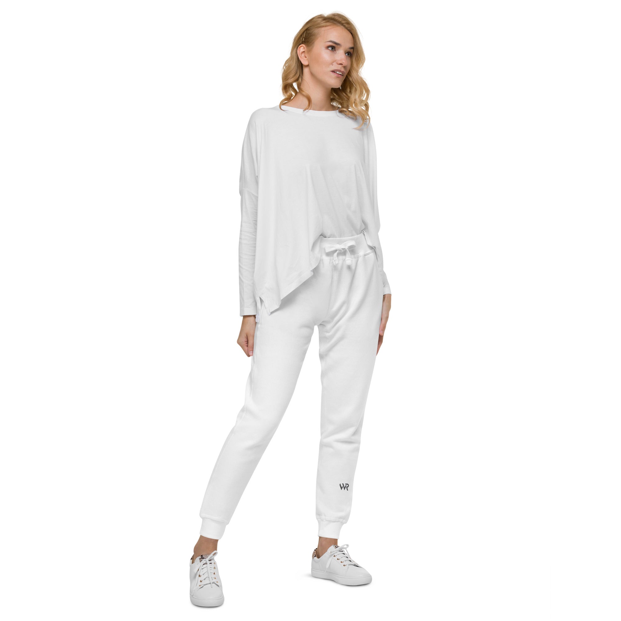 Women's essential slim fit sweatpants in white, front view.
