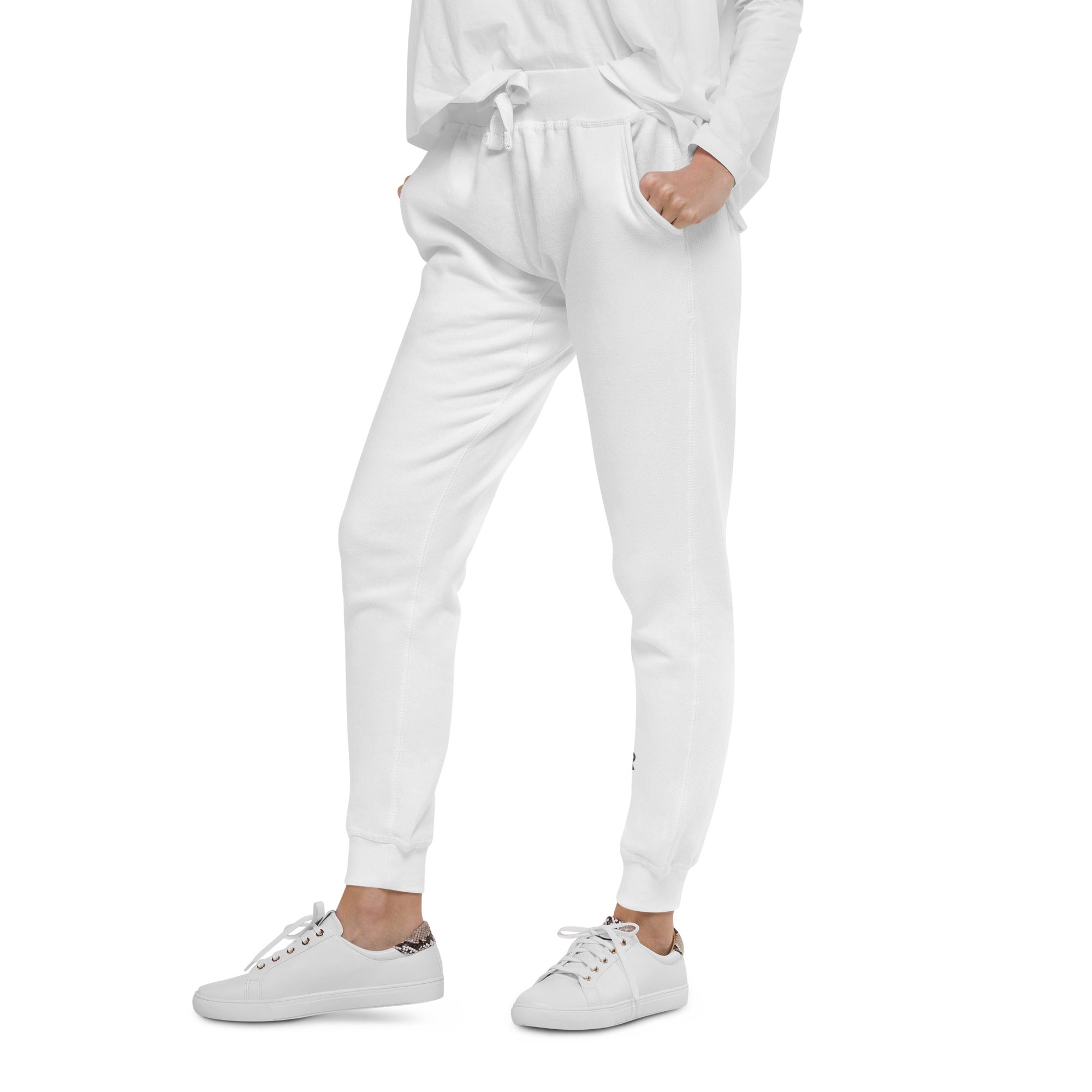 Women's essential slim fit sweatpants in white, side view.