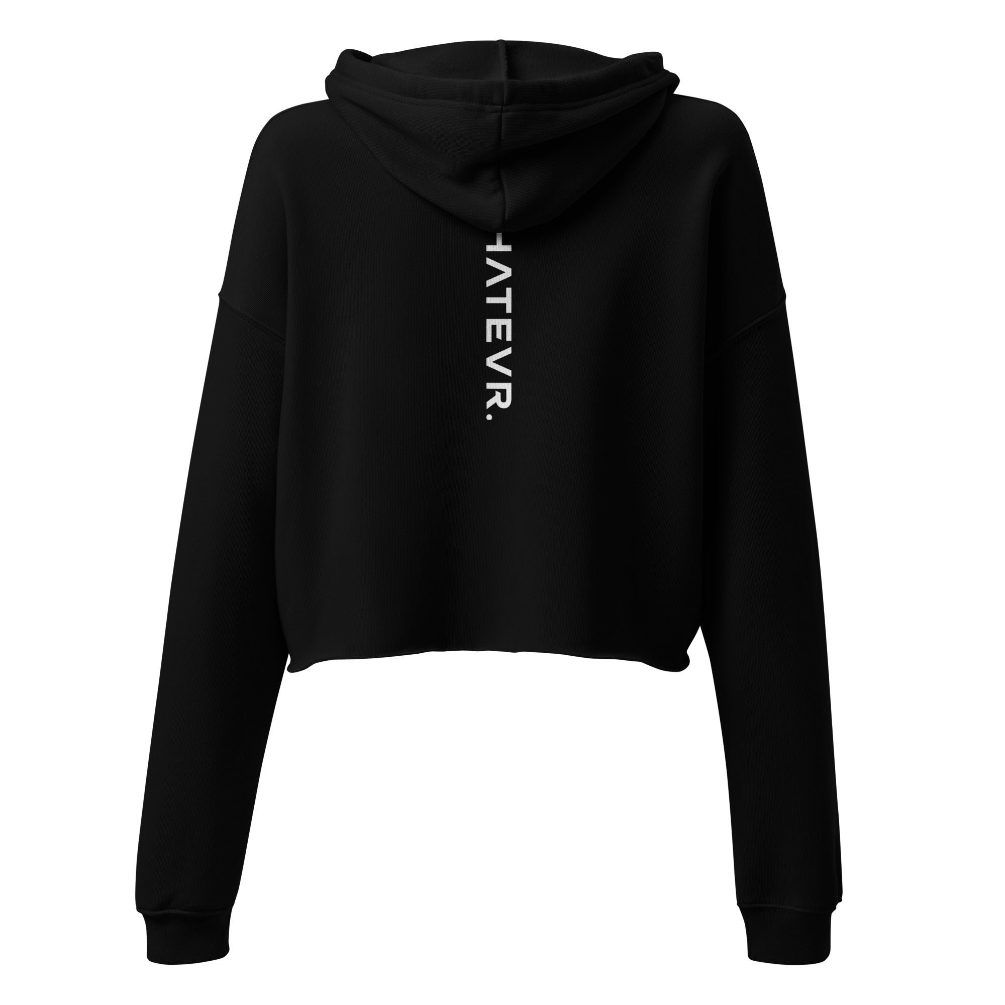 Women's cropped hoodie in black with "WHATEVR" text, back view.