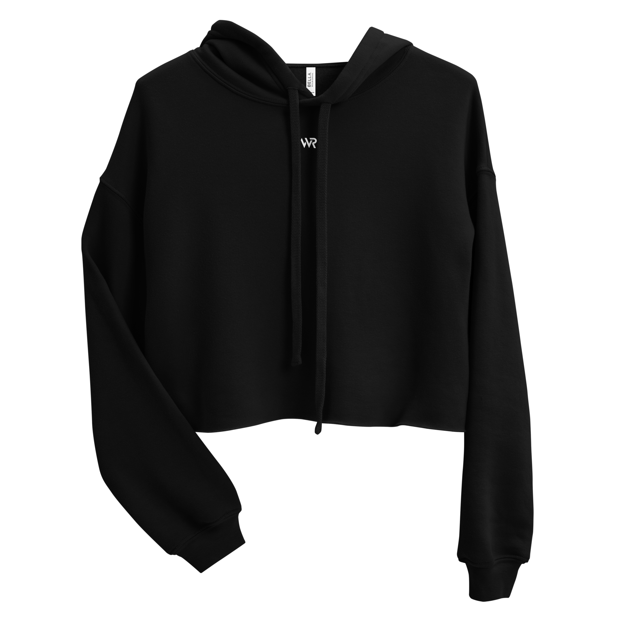 Women's cropped hoodie in black with "WR" logo, front view.