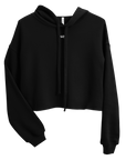 Women's cropped hoodie in black with "WR" logo, front view.