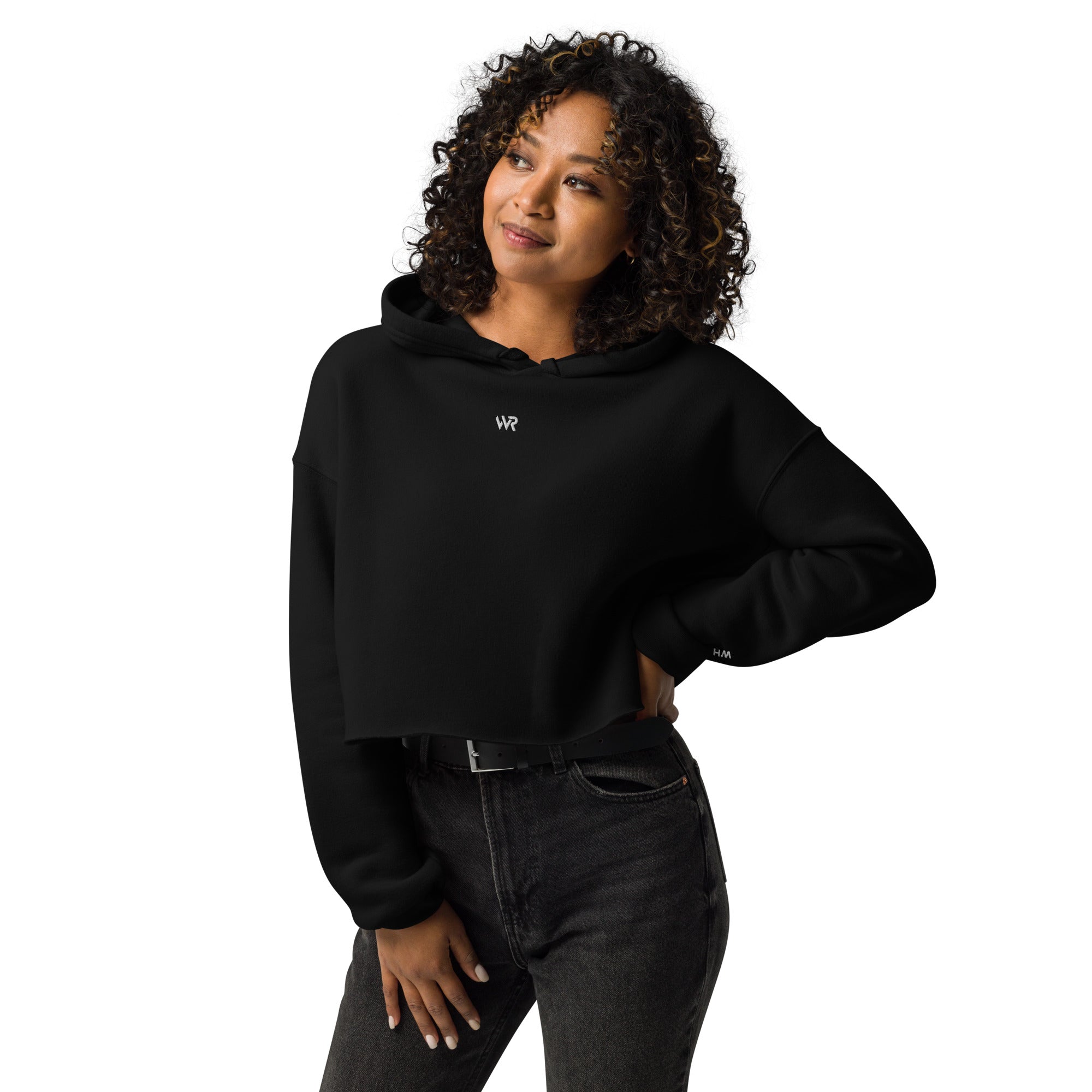 Women's cropped hoodie in black with "WR" logo, front view.