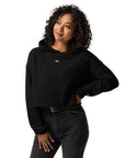 Women's cropped hoodie in black with "WR" logo, front view.
