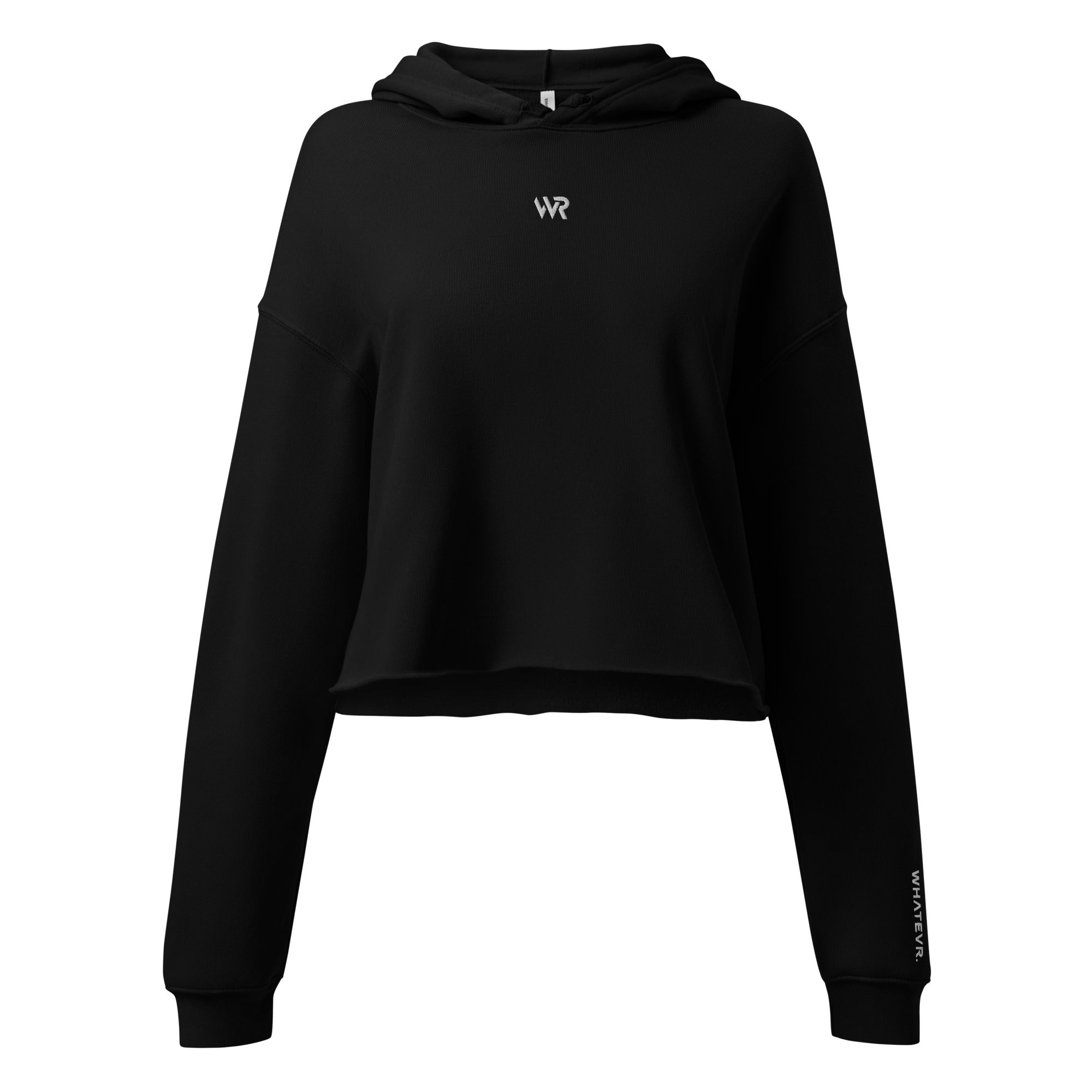 Women's cropped hoodie in black with "WR" logo, front view.