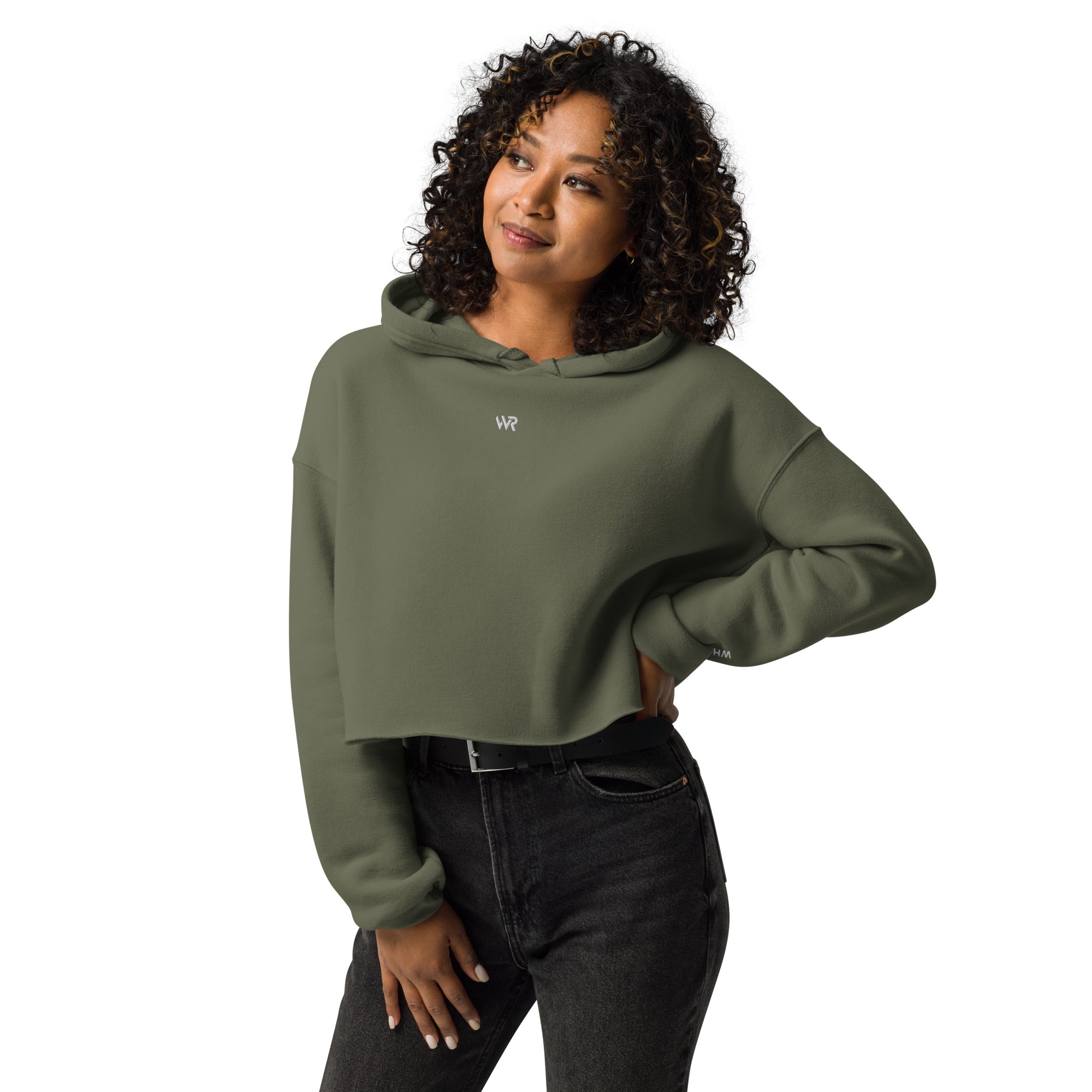 Women's cropped hoodie in green with "WR" logo, front view.