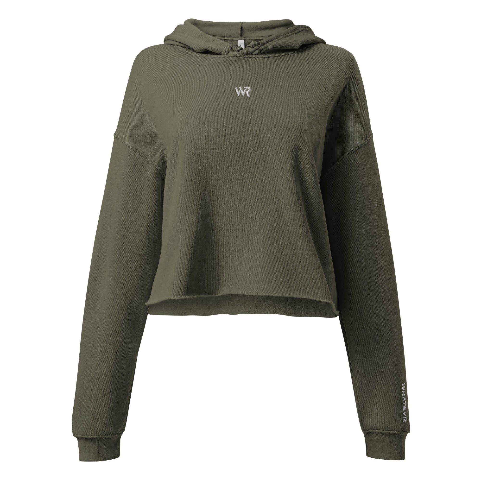 Women's cropped hoodie in green with "WR" logo, front view.