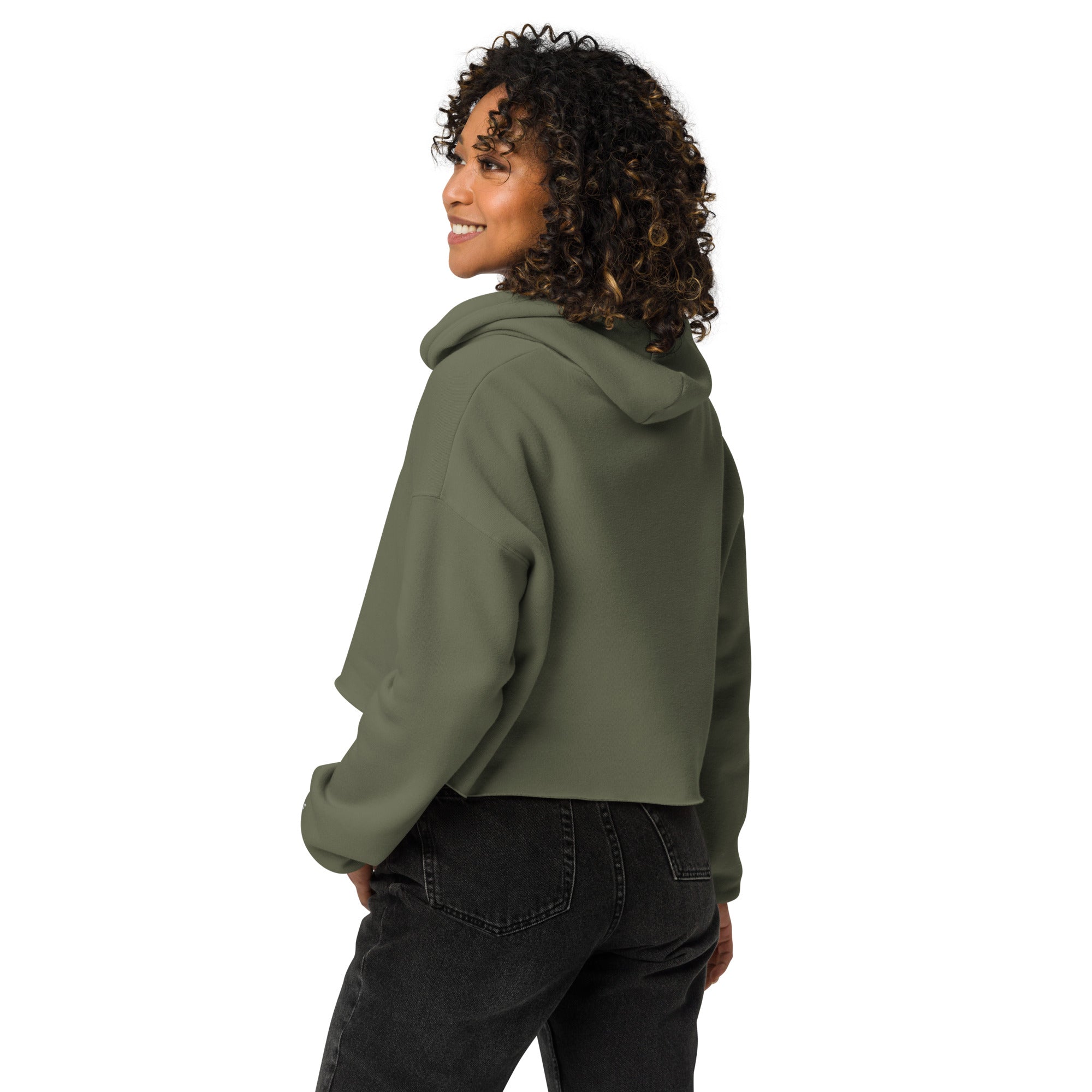 Women's cropped hoodie in green, side view.