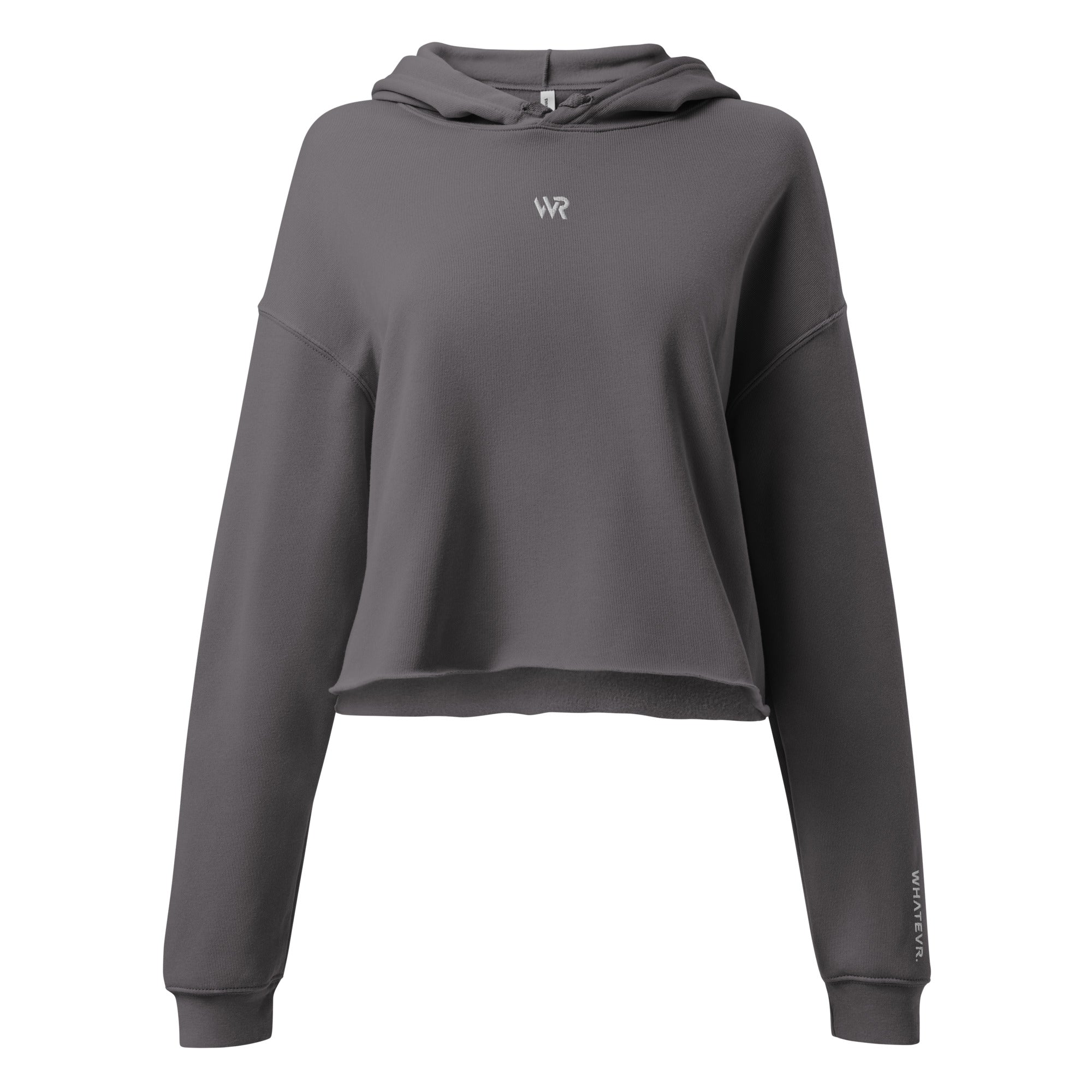 Women's cropped hoodie in grey with "WR" logo, front view.