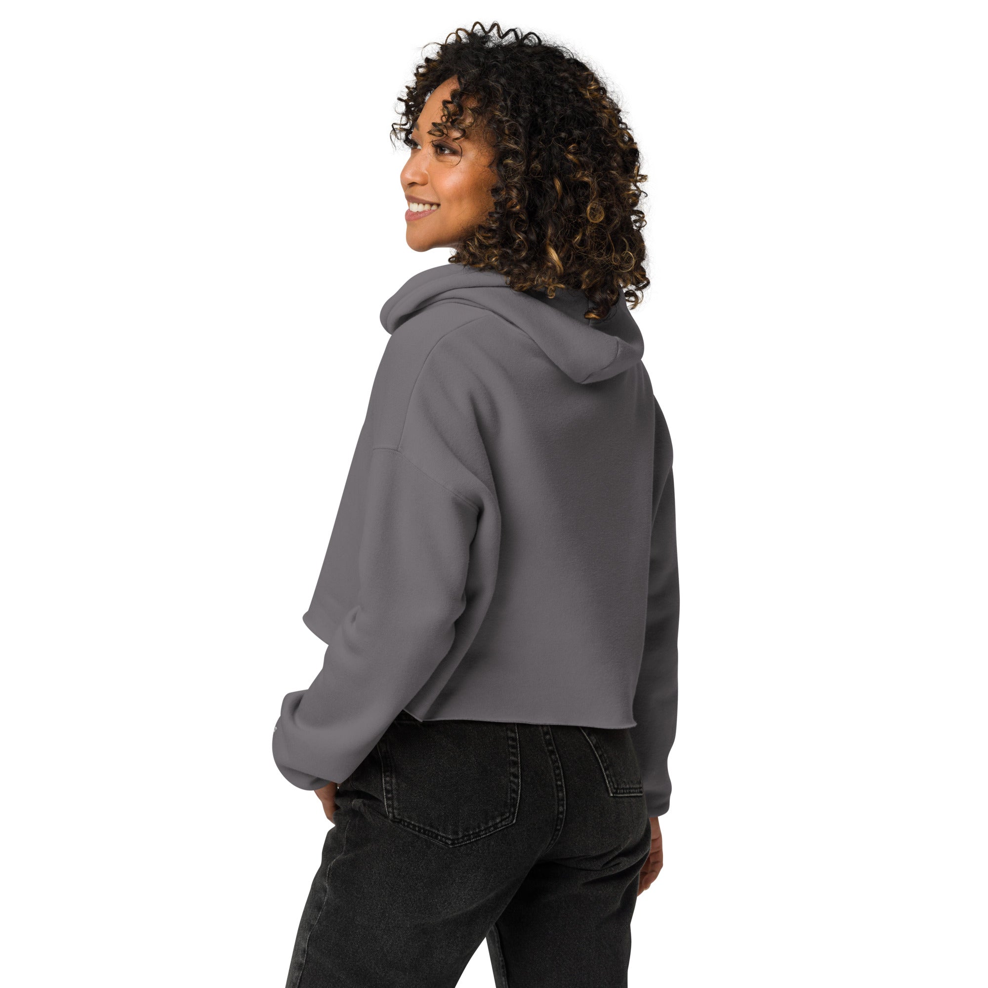 Women's cropped hoodie in grey, side view.