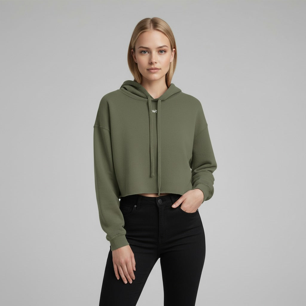 Women's cropped hoodie in green with "WR" logo, front view.