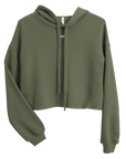 Women's cropped hoodie in green with "WR" logo, front view.