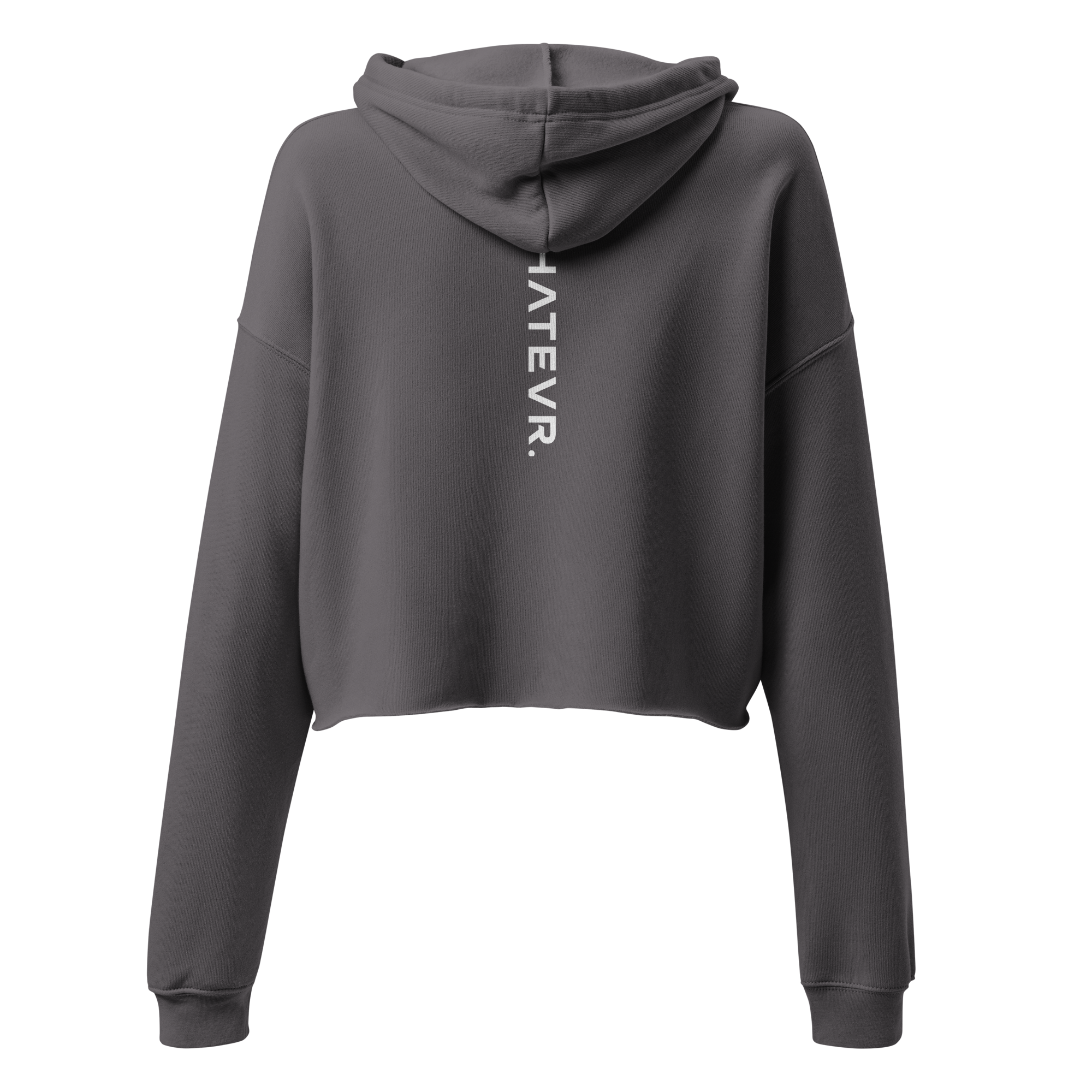 Women's cropped hoodie in grey with "WHATEVR" text, back view.