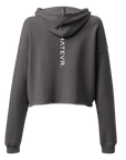 Women's cropped hoodie in grey with "WHATEVR" text, back view.