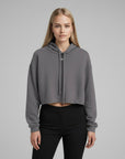 Women's cropped hoodie in grey with "WR" logo, front view.