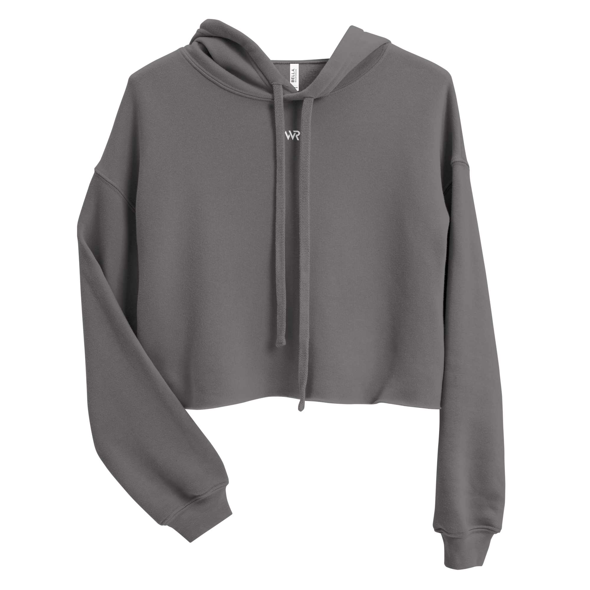 Women's cropped hoodie in grey with "WR" logo, front view.