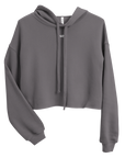 Women's cropped hoodie in grey with "WR" logo, front view.