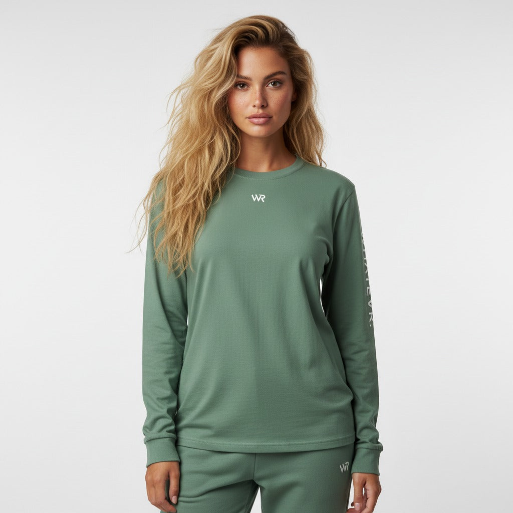 Women's heavyweight long sleeve t-shirt in green, front view