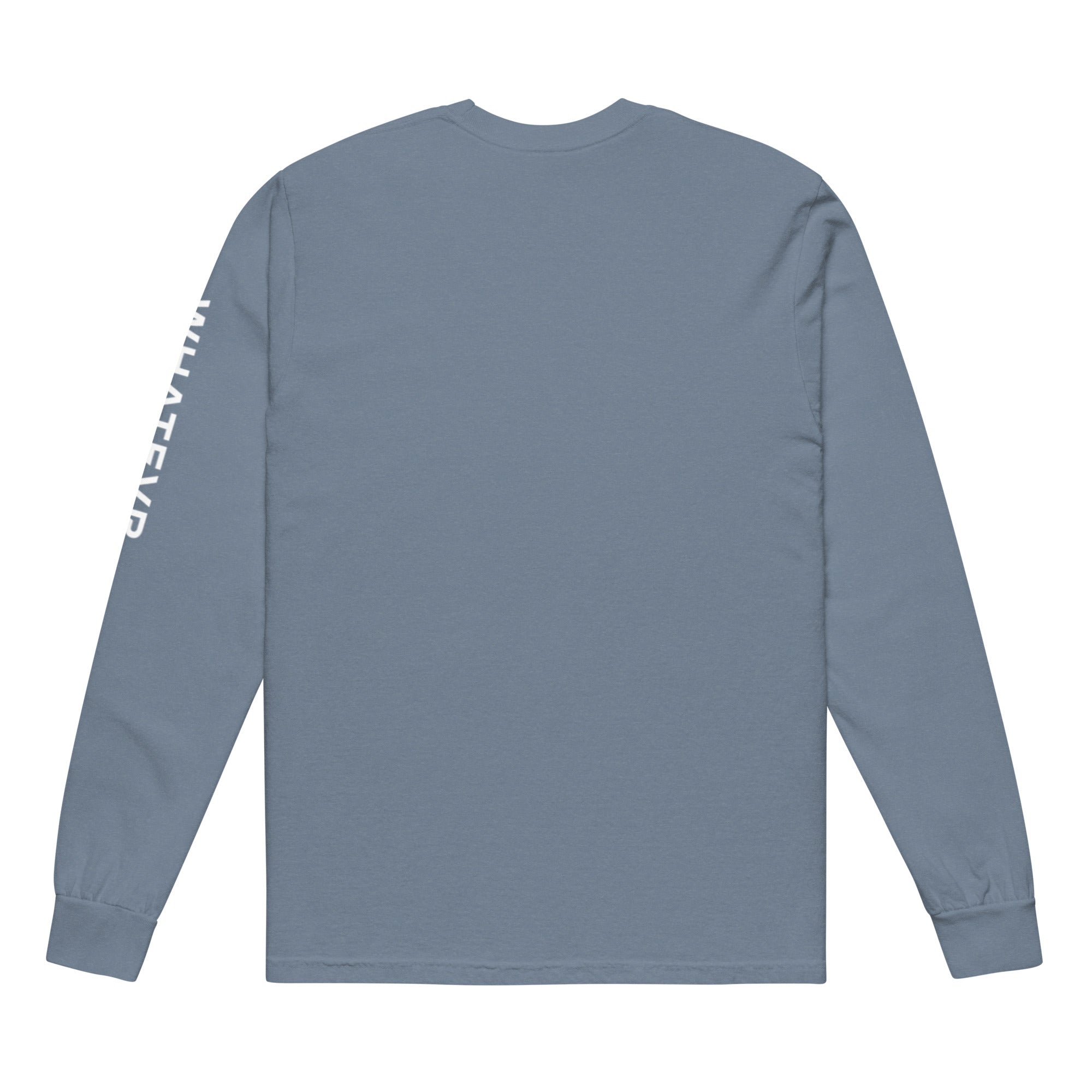Women's heavyweight long sleeve t-shirt in blue, back view